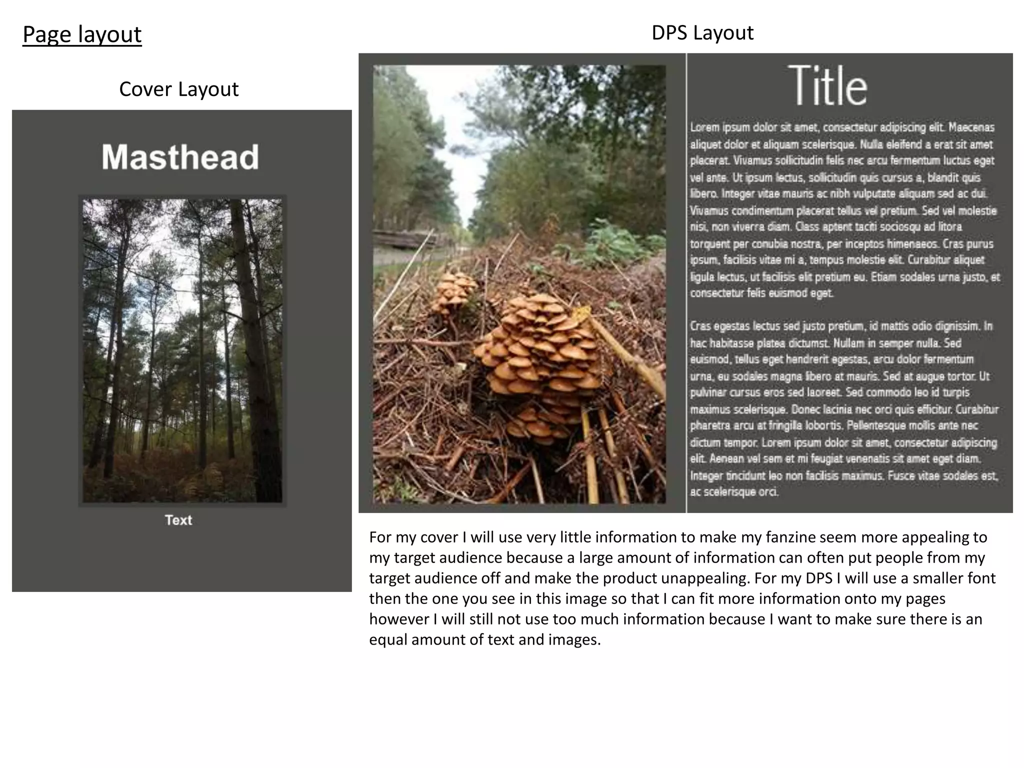 Cover Layout
Page layout DPS Layout
For my cover I will use very little information to make my fanzine seem more appealing to
my target audience because a large amount of information can often put people from my
target audience off and make the product unappealing. For my DPS I will use a smaller font
then the one you see in this image so that I can fit more information onto my pages
however I will still not use too much information because I want to make sure there is an
equal amount of text and images.
 