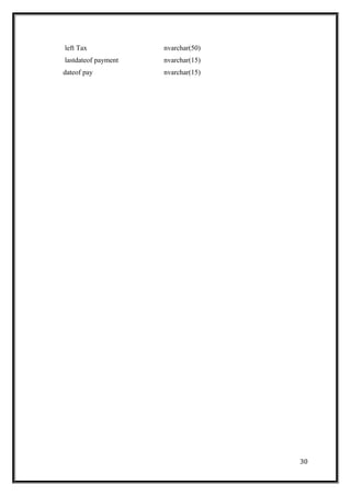 left Tax nvarchar(50)
lastdateof payment nvarchar(15)
dateof pay nvarchar(15)
30
 