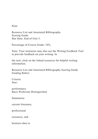 Print
Resource List and Annotated Bibliography
Scoring Guide
Due Date: End of Unit 3.
Percentage of Course Grade: 10%.
Note: Your instructor may also use the Writing Feedback Tool
to provide feedback on your writing. In
the tool, click on the linked resources for helpful writing
information.
Resource List and Annotated Bibliography Scoring Guide
Grading Rubric
Criteria
Non-
performance
Basic Proficient Distinguished
Summarize
current literature,
professional
resources, and
business data to
 