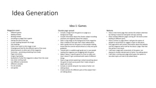 Idea Generation
Idea 1: Games
Magazine cover:
• Different games
• Adding reviews
• Writing reviews
• Including an image from a game
• Having the title at the top
• A main heading beneath the image
• Sub headings
• Colors that match to the image in text
• A background that fits the different parts of the cover
• Advertisements to other part of the magazine
• Exclusives – promising something from inside
• Page instructions
• Image of gameplay
• Symbolism of what the magazine is about from the cover
• Use clever writing style
• Use different screenshots
• Different consoles
• For all consoles
• Just games
Double page spread:
• Include a image from the game on a page as a
background image
• Include information about the chosen subject including
positives and negatives about the subject.
• Add in a big image as the background of the magazine
that is related to the topic that’s been talked about.
• Add in guide lines for the game so that people reading
know how the controls would almost as a key and quick
guideline.
• I would add in a walkthrough guide just in case people
reading the magazine are struggling with the game.
• Make it about 1 specific game at a time to make sure
that it doesn't’t get convoluted with loads of different
things.
• Have a huge article explaining in detail everything about
the game to back up any point that I make and go in
depth with article.
• Include an overall rating for my review of what I am
talking about.
• Create sections for different parts of the subject that I
am talking about.
Website
• Have a main home page that catches the viewers attention
by making it stand out look great and eye catching
• Have multiple different pages coming off the home screen
leading to different parts.
• Have a contact us page where I will give the option of
people to recommend or suggest a topic to talk about.
• Info page which will contain information about the website
and the magazine which will be the about s page I feel that
this will be a nice touch.
• I will have a page with screenshots of the game I am
playing to visually indicate parts of what I ma talking about.
• I will have a coming soon page which gives the option to
see what topics are next to be talked about.
 