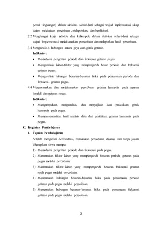 2
peduli lingkungan) dalam aktivitas sehari-hari sebagai wujud implementasi sikap
dalam melakukan percobaan , melaporkan, dan berdiskusi.
2.2 Menghargai kerja individu dan kelompok dalam aktivitas sehari-hari sebagai
wujud implementasi melaksanakan percobaan dan melaporkan hasil percobaan.
3.4 Menganalisis hubungan antara gaya dan gerak getaran.
Indikator:
 Memahami pengertian periode dan frekuensi getaran pegas.
 Menganalisis faktor-faktor yang mempengaruhi besar periode dan frekuensi
getaran pegas.
 Menganalisis hubungan besaran-besaran fisika pada persamaan periode dan
frekuensi getaran pegas.
4.4 Merencanakan dan melaksanakan percobaan getaran harmonis pada ayunan
bandul dan getaran pegas.
Indikator:
 Mengumpulkan, menganalisis, dan menyajikan data praktikum gerak
harmonis pada pegas.
 Mempresentasikan hasil analisis data dari praktikum getaran harmonis pada
pegas.
C. Kegiatan Pembelajaran
1. Tujuan Pembelajaran
Setelah mengamati demonstrasi, melakukan percobaan, diskusi, dan tanya jawab
diharapkan siswa mampu:
1) Memahami pengertian periode dan frekuensi pada pegas.
2) Menentukan faktor-faktor yang mempengaruhi besaran periode getaran pada
pegas melalui percobaan.
3) Menentukan faktor-faktor yang mempengaruhi besaran frekuensi getaran
pada pegas melalui percobaan.
4) Menentukan hubungan besaran-besaran fisika pada persamaan periode
getaran pada pegas melalui percobaan.
5) Menentukan hubungan besaran-besaran fisika pada persamaan frekuensi
getaran pada pegas melalui percobaan.
 