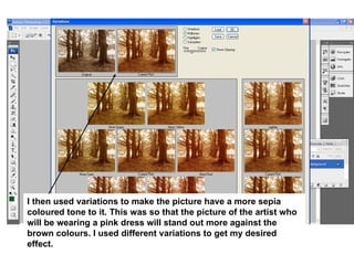 I then used variations to make the picture have a more sepia coloured tone to it. This was so that the picture of the artist who will be wearing a pink dress will stand out more against the brown colours. I used different variations to get my desired effect. 
