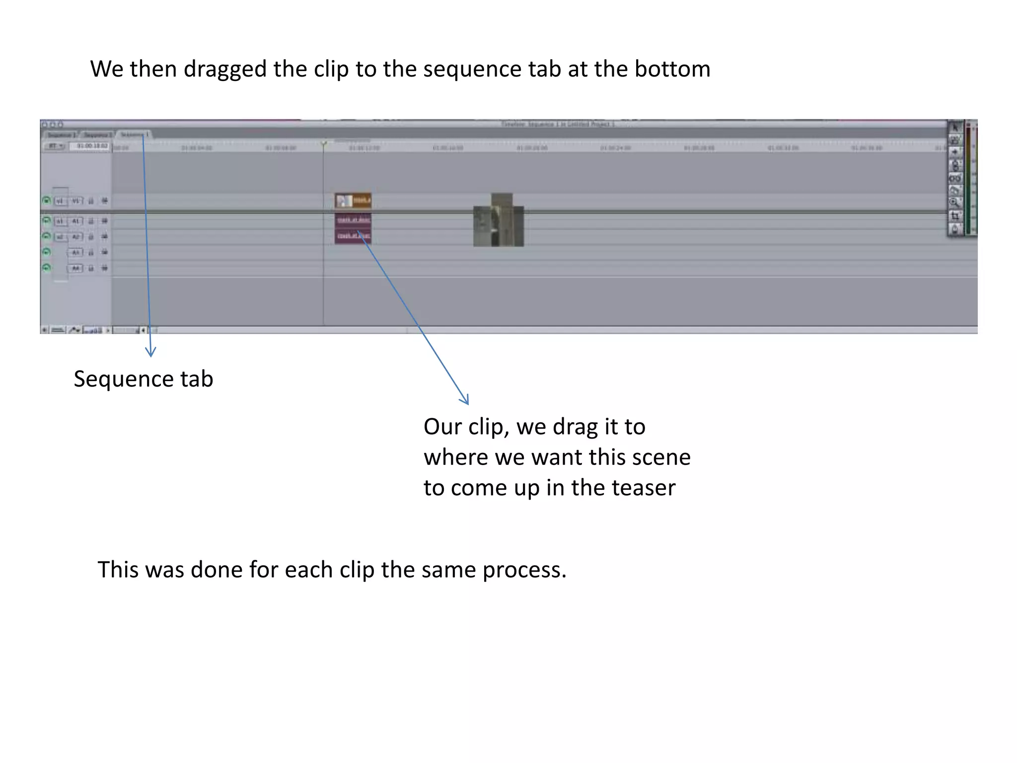 We then dragged the clip to the sequence tab at the bottom Sequence tab Our clip, we drag it to where we want this scene to come up in the teaser This was done for each clip the same process.