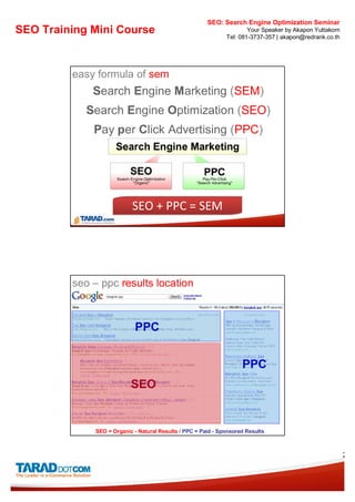 SEO: Search Engine Optimization Seminar
SEO Training Mini Course                                               Your Speaker by Akapon Yuttakorn
                                                               Tel: 081-3737-357 | akapon@redrank.co.th




         easy formula of sem
             Search Engine Marketing (SEM)
            Search Engine Optimization (SEO)
             Pay per Click Advertising (PPC)




                           SEO + PPC = SEM




         seo – ppc results location



                            PPC


                                                                     PPC
                           SEO


              SEO = Organic - Natural Results / PPC = Paid - Sponsored Results



                                                                                                          2
 