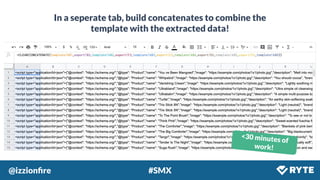 @izzionﬁre #SMX
In a seperate tab, build concatenates to combine the
template with the extracted data!
<30 minutes of
work!
 
