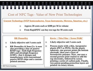 13
Cost of NFC Tags - Value of New Print Technologies
RR Donnelley
Likely objective sub 5 cents each
RR Donnelley & Sons Co. is now
also providing a line of passive
RFID tags—both high-frequency
(HF) and ultrahigh-frequency
(UHF)—that it designs and
manufactures with conventional
passive RFID chips and a custom-
printed antenna.
Kovio | Thin Film | Xerox PARC
Current Technology (NXP Semiconductor, Texas Instruments, Moversa, Smartrac, etc.)
Approx 20 cents each or $200 per M in volume
From RapidNFC can buy ten tags for 50 cents each
Likely objective sub 5 cents each
Process starts with a thin, inexpensive
plastic (PET or PEN). On the plastic
substrate, one gravure prints the bottom
electrode, then coat a layer of
ferroelectric polymer. Next, one uses a
second gravure print station to add the
top electrodes, followed by screen
printing a series of carbon pads. Finally,
two patent-pending protection layers are
printed via rotary screen.© 2015 Verivis Consulting
 