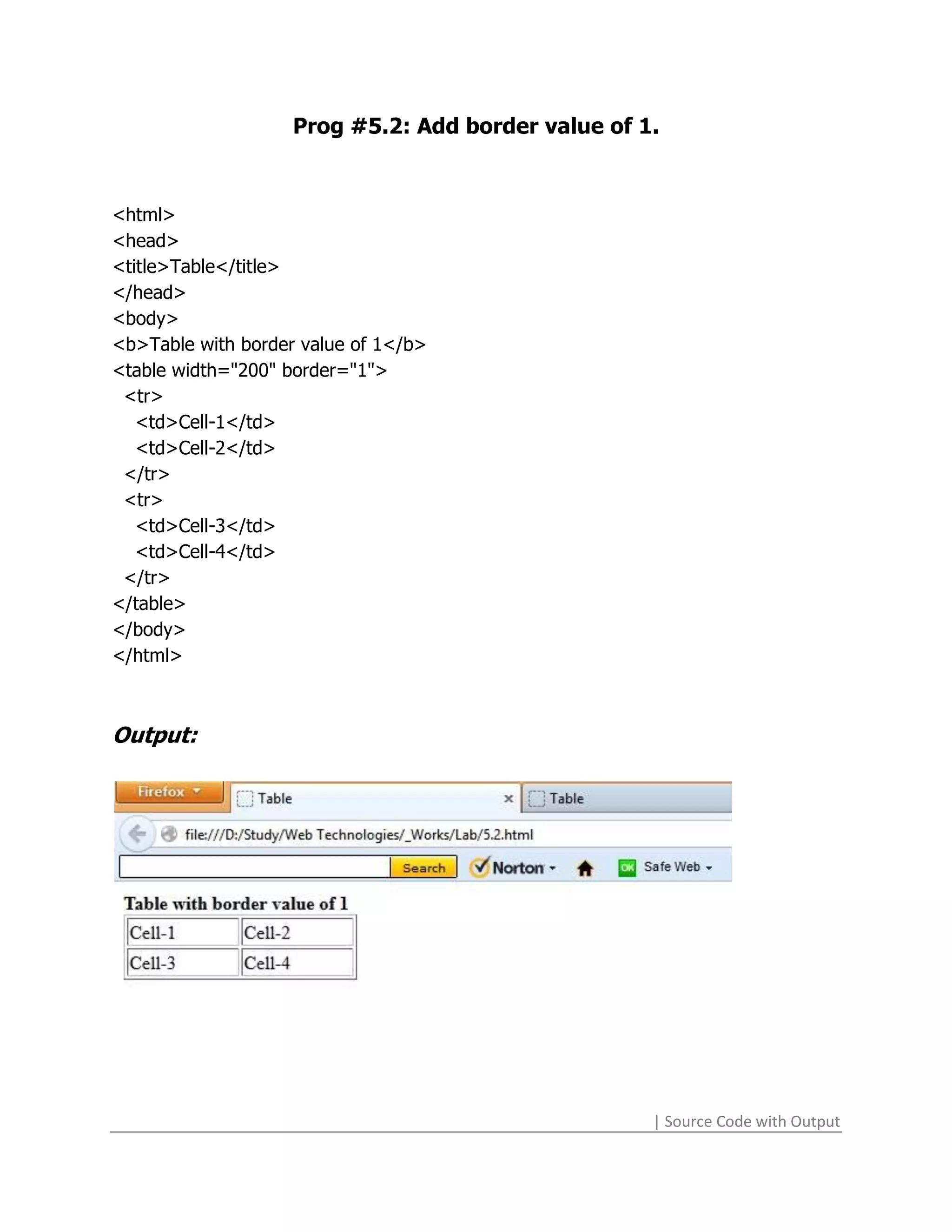 Prog #5.2: Add border value of 1.



<html>
<head>
<title>Table</title>
</head>
<body>
<b>Table with border value of 1</b>
<table width="200" border="1">
 <tr>
   <td>Cell-1</td>
   <td>Cell-2</td>
 </tr>
 <tr>
   <td>Cell-3</td>
   <td>Cell-4</td>
 </tr>
</table>
</body>
</html>



Output:




                                                    | Source Code with Output
 