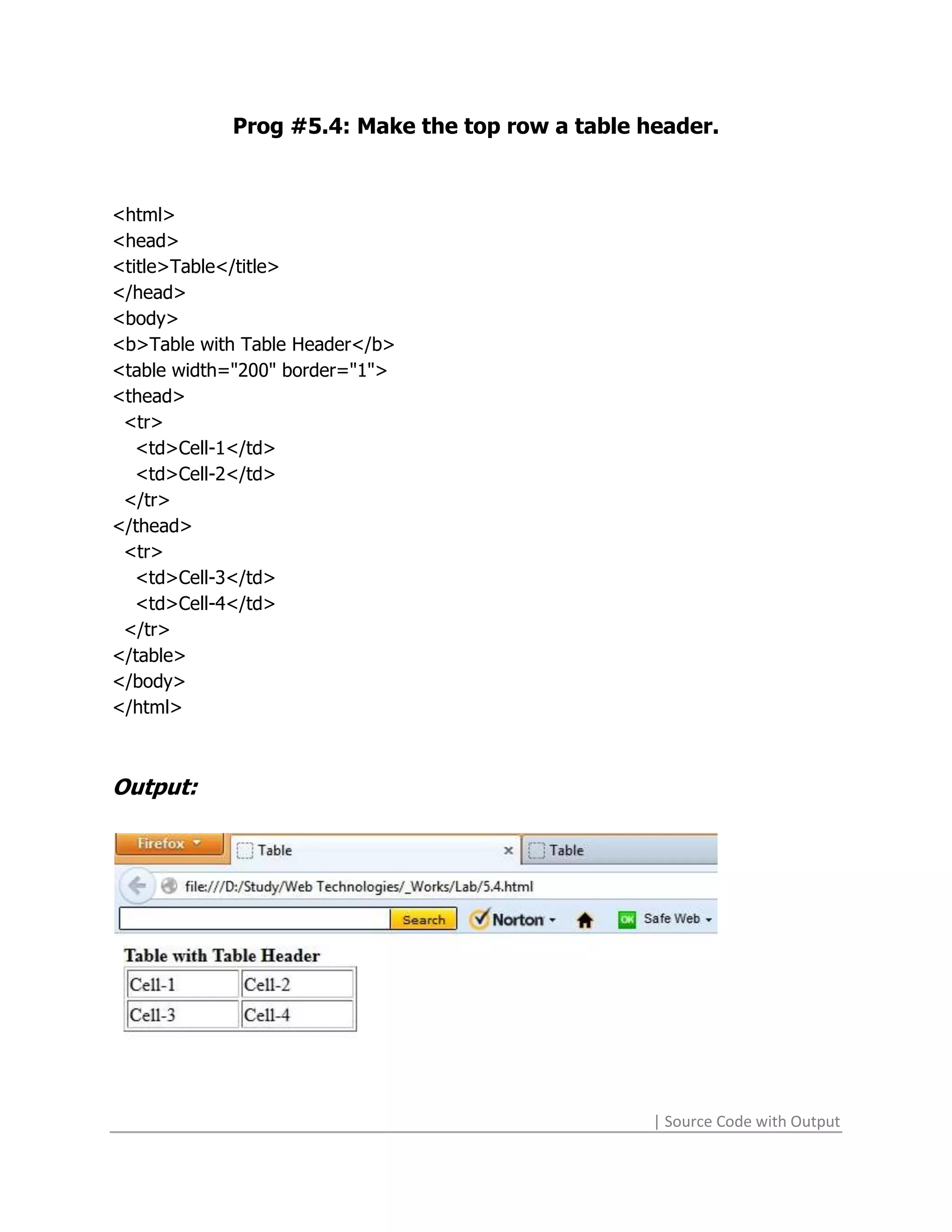 Prog #5.4: Make the top row a table header.



<html>
<head>
<title>Table</title>
</head>
<body>
<b>Table with Table Header</b>
<table width="200" border="1">
<thead>
 <tr>
   <td>Cell-1</td>
   <td>Cell-2</td>
 </tr>
</thead>
 <tr>
   <td>Cell-3</td>
   <td>Cell-4</td>
 </tr>
</table>
</body>
</html>



Output:




                                                 | Source Code with Output
 