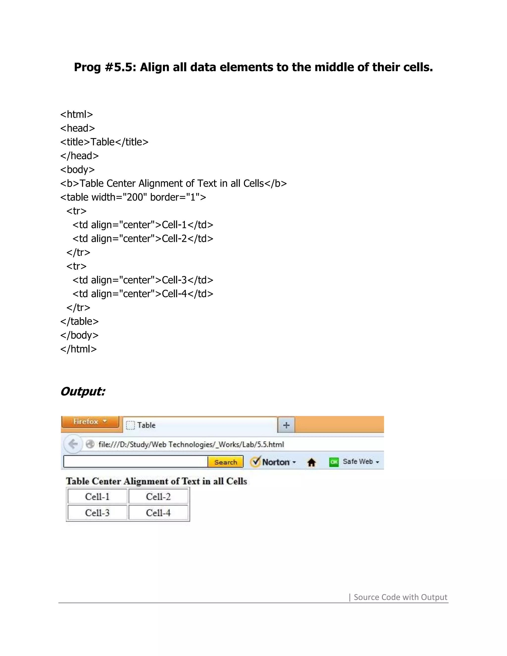 Prog #5.5: Align all data elements to the middle of their cells.



<html>
<head>
<title>Table</title>
</head>
<body>
<b>Table Center Alignment of Text in all Cells</b>
<table width="200" border="1">
 <tr>
   <td align="center">Cell-1</td>
   <td align="center">Cell-2</td>
 </tr>
 <tr>
   <td align="center">Cell-3</td>
   <td align="center">Cell-4</td>
 </tr>
</table>
</body>
</html>



Output:




                                                     | Source Code with Output
 