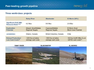 Peer-leading growth pipeline
Three world-class projects
Rainy River

Blackwater

El Morro (30% )

Significant Gold M&I
Resource Base(1)(2)

6.2 Moz

8.6 Moz

2.9 Moz

Exploration
Potential

Intrepid Zone/Multiple
Regional Targets

Capoose/Multiple
Regional Targets

El Morro Zone/
Block Cave Potential

Jurisdiction

Ontario, Canada

British Columbia, Canada

Chile

Robust Production/
Low Cash Costs(3)

~225 Koz at below
average cash costs

~500 Koz at below
average cash costs

~90 Koz Au/85 Mlbs Cu at
~($700) cash costs(4)

RAINY RIVER

BLACKWATER

EL MORRO

14

 