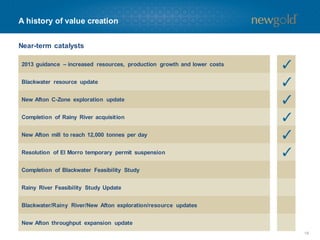 A history of value creation
Near-term catalysts
2013 guidance – increased resources, production growth and lower costs
Blackwater resource update
New Afton C-Zone exploration update
Completion of Rainy River acquisition

New Afton mill to reach 12,000 tonnes per day
Resolution of El Morro temporary permit suspension
Completion of Blackwater Feasibility Study
Rainy River Feasibility Study Update
Blackwater/Rainy River/New Afton exploration/resource updates

New Afton throughput expansion update
18

 