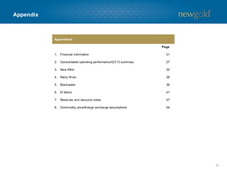 Appendix

Appendices
Page
1.

Financial information

21

2.

Consolidated operating performance/Q3’13 summary

27

3.

New Afton

32

4.

Rainy River

38

5.

Blackwater

39

6.

El Morro

41

7.

Reserves and resource notes

47

8.

Commodity price/foreign exchange assumptions

54

20

 