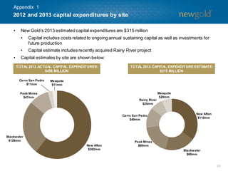 Appendix 1

2012 and 2013 capital expenditures by site
•

New Gold’s 2013 estimated capital expenditures are $315 million

•
•
•

Capital includes costs related to ongoing annual sustaining capital as well as investments for
future production
Capital estimate includes recently acquired Rainy River project

Capital estimates by site are shown below:
TOTAL 2012 ACTUAL CAPITAL EXPENDITURES:
$499 MILLION
Cerro San Pedro
$11mm

TOTAL 2013 CAPITAL EXPENDITURE ESTIMATE:
$315 MILLION

Mesquite
$11mm
Mesquite
$20mm

Peak Mines
$47mm

Rainy River
$25mm

Cerro San Pedro
$40mm

Blackwater
$128mm
New Afton
$302mm

New Afton
$110mm

Peak Mines
$60mm
Blackwater
$60mm

23

 