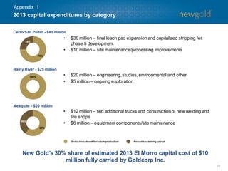 Appendix 1

2013 capital expenditures by category
Cerro San Pedro - $40 million

•
•

$30 million – final leach pad expansion and capitalized stripping for
phase 5 development
$10 million – site maintenance/processing improvements

•
•

$20 million – engineering, studies, environmental and other
$5 million – ongoing exploration

•

$12 million – two additional trucks and construction of new welding and
tire shops
$8 million – equipment components/site maintenance

25%

75%

Rainy River - $25 million
100%

Mesquite - $20 million

40%

•
60%

Direct investment for future production

Annual sustaining capital

New Gold’s 30% share of estimated 2013 El Morro capital cost of $10
million fully carried by Goldcorp Inc.
25

 