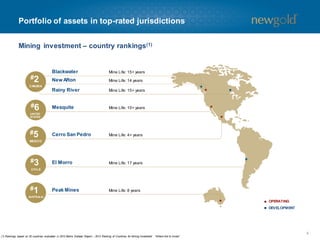 Portfolio of assets in top-rated jurisdictions
Mining investment – country rankings (1)

Blackwater

Mine Life: 15+ years

New Afton

Mine Life: 14 years

Rainy River

#2

Mine Life: 15+ years

Mesquite

Mine Life: 10+ years

Cerro San Pedro

Mine Life: 4+ years

El Morro

Mine Life: 17 years

Peak Mines

Mine Life: 8 years

CANADA

#6
UNITED
STATES

#5
MEXICO

#3
CHILE

#1
AUSTRALIA

OPERATING
DEVELOPMENT

(1) Rankings based on 25 countries evaluated in 2013 Behre Dolbear Report – 2013 Ranking of Countries for Mining Investm
ent: “Where Not to Invest”.

4

 