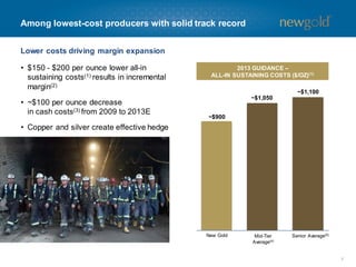 Among lowest-cost producers with solid track record
Lower costs driving margin expansion
• $150 - $200 per ounce lower all-in
sustaining costs(1) results in incremental
margin(2)
• ~$100 per ounce decrease
in cash costs(3) from 2009 to 2013E

2013 GUIDANCE –
ALL-IN SUSTAINING COSTS ($/OZ)(1)

~$1,100
~$1,050
~$900

• Copper and silver create effective hedge

New Gold

Mid-Tier
Average(4)

Senior Average(5)

7

 