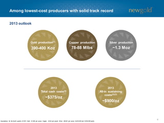 Among lowest-cost producers with solid track record
2013 outlook

Gold production(1)

Copper production

Silver production

390-400 Koz

78-88 Mlbs

~1.3 Moz

2013
Total cash costs(2)

~$375/oz

Assum
ptions for the fourth quarter of 2013: Gold - $1,300 per ounce; Copper - $3.25 per pound; Silver - $20.00 per ounce; AUD/USD and CDN/USD parity.

2013
All-in sustaining
costs(2)(3)

~$900/oz

8

 