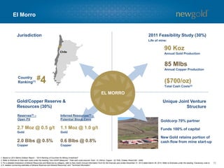 El Morro
16
Chile
EL MORRO
Unique Joint Venture
Structure
Gold/Copper Reserve &
Resources (30%)
Jurisdiction 2011 Feasibility Study (30%)
#4Country
Ranking(1)
85 Mlbs
Annual Copper Production
($700/oz)
Total Cash Costs(2)
90 Koz
Annual Gold Production
Goldcorp 70% partner
Funds 100% of capital
New Gold retains portion of
cash flow from mine start-up
2.7 Moz @ 0.5 g/t
Gold
2.0 Blbs @ 0.5%
Copper
Life of mine:
1. Based on 2014 Behre Dolbear Report – “2014 Ranking of Countries for Mining Investment”.
2. Refer to Endnote on total cash costs under the heading “Non-GAAP Measures”. Total cash costs assume: Gold - $1,200/oz, Copper - $2.75/lb, Chilean Peso/USD - $550.
3. For a detailed breakdown of Mineral Resources and Reserves by category, refer to New Gold’s Annual Information Form for the financial year ended December 31, 2013 dated March 28, 2014. Refer to Endnotes under the heading “Cautionary note to
U.S. readers concerning estimates of Mineral Reserves and Mineral Resources” and “Technical Information”.
Reserves(3) –
Open Pit
Inferred Resources(3) –
Potential Block Cave
1.1 Moz @ 1.0 g/t
Gold
0.6 Blbs @ 0.8%
Copper
 