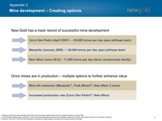 41
New Gold has a track record of successful mine development
Mine development – Creating options
Once mines are in production – multiple options to further enhance value
Cerro San Pedro (April 2007) – ~35,000 tonne per day open pit/heap leach
Mesquite (January 2008) – ~40,000 tonne per day open pit/heap leach
New Afton (June 2012) – 11,000 tonne per day block cave/process facility
Mine life extension (Mesquite(1), Peak Mines(2), New Afton C-zone)
Increased production rate (Cerro San Pedro(3), New Afton)
1. Mesquite’s mine life has been extended beyond the 9.5 years that were estimated when the mine re-started production in January 2008.
2. The Peak Mines originally began production in 1992 with an approximate eight year life and have operated continuously since then and continue to have six or more years of mine life.
3. During 2011 and 2012, Cerro San Pedro operated at a rate above its design capacity to increase its annual gold and silver production.
Appendix 3
 
