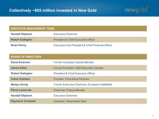 Collectively ~$85 million invested in New Gold
5
BOARD OF DIRECTORS
David Emerson Former Canadian Cabinet Minister
James Estey Former President, UBS Securities Canada
Robert Gallagher President & Chief Executive Officer
Vahan Kololian Founder, Terra Nova Partners
Martyn Konig Former Executive Chairman, European Goldfields
Pierre Lassonde Chairman, Franco-Nevada
Randall Oliphant Executive Chairman
Raymond Threlkeld Chairman, Newmarket Gold
EXECUTIVE MANAGEMENT TEAM
Randall Oliphant Executive Chairman
Robert Gallagher President & Chief Executive Officer
Brian Penny Executive Vice President & Chief Financial Officer
 