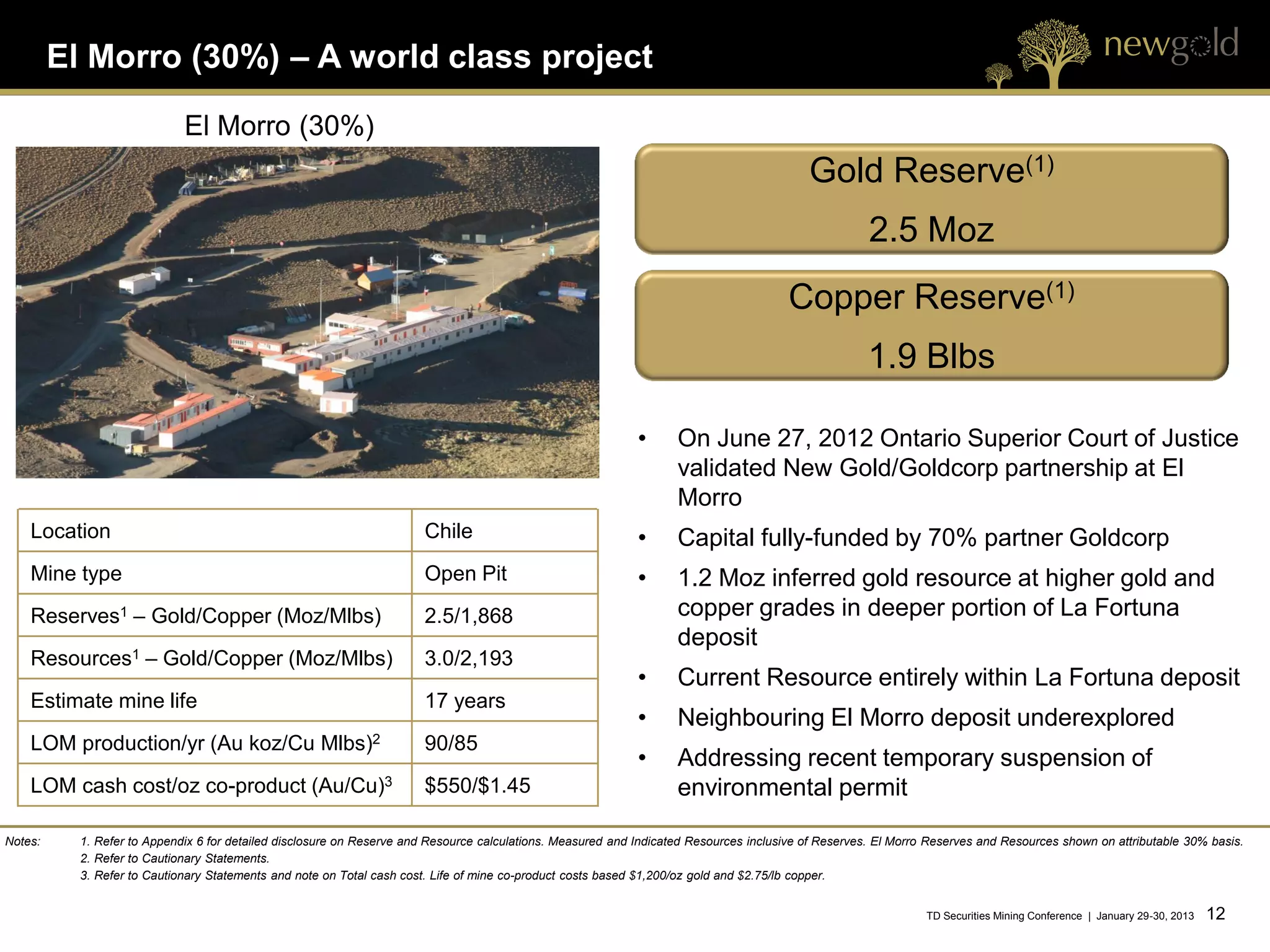 El Morro (30%) – A world class project

                             El Morro (30%)
                                                                                                                                           Gold Reserve(1)
                                                                                                                                                     2.5 Moz
                                                                                                                                       Copper Reserve(1)
                                                                                                                                                     1.9 Blbs

                                                                                                             •      On June 27, 2012 Ontario Superior Court of Justice
                                                                                                                    validated New Gold/Goldcorp partnership at El
                                                                                                                    Morro
    Location                                                           Chile                                 •      Capital fully-funded by 70% partner Goldcorp
    Mine type                                                          Open Pit                              •      1.2 Moz inferred gold resource at higher gold and
    Reserves1 – Gold/Copper (Moz/Mlbs)                                 2.5/1,868                                    copper grades in deeper portion of La Fortuna
                                                                                                                    deposit
    Resources1 – Gold/Copper (Moz/Mlbs)                                3.0/2,193
                                                                                                             •      Current Resource entirely within La Fortuna deposit
    Estimate mine life                                                 17 years
                                                                                                             •      Neighbouring El Morro deposit underexplored
    LOM production/yr (Au koz/Cu                     Mlbs)2            90/85
                                                                                                             •      Addressing recent temporary suspension of
    LOM cash cost/oz co-product                    (Au/Cu)3            $550/$1.45                                   environmental permit

Notes:     1. Refer to Appendix 6 for detailed disclosure on Reserve and Resource calculations. Measured and Indicated Resources inclusive of Reserves. El Morro Reserves and Resources shown on attributable 30% basis.
           2. Refer to Cautionary Statements.
           3. Refer to Cautionary Statements and note on Total cash cost. Life of mine co-product costs based $1,200/oz gold and $2.75/lb copper.


                                                                                                                                                                TD Securities Mining Conference | January 29-30, 2013   12 12
 