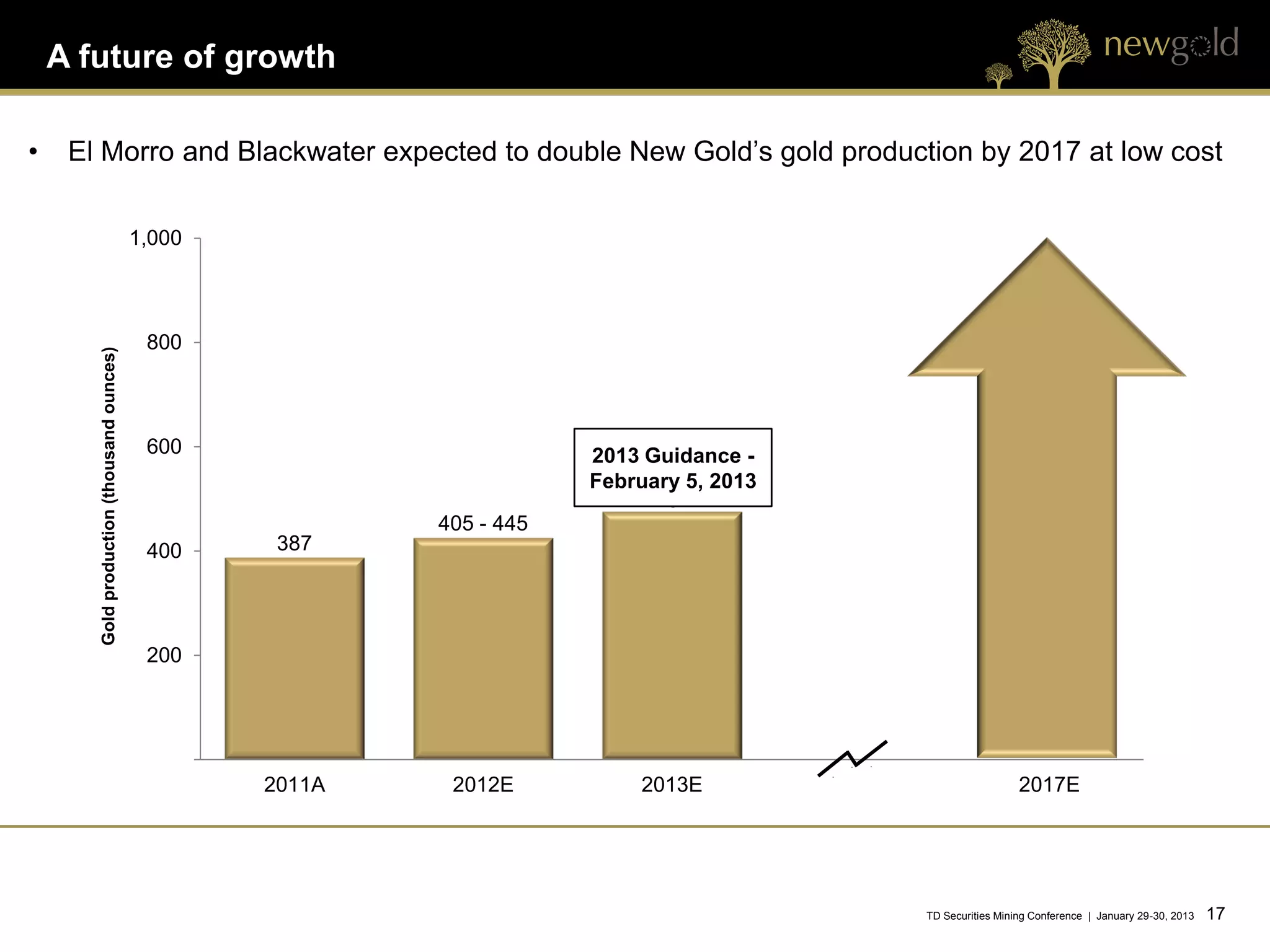 A future of growth

•    El Morro and Blackwater expected to double New Gold’s gold production by 2017 at low cost

                                           1,000



                                            800
       Gold production (thousand ounces)




                                            600                        2013 Guidance -
                                                                       February 5, 2013
                                                                          ~450 - 500
                                                           405 - 445
                                            400     387




                                            200




                                                   2011A    2012E          2013E                            2017E




                                                                                          TD Securities Mining Conference | January 29-30, 2013   17 17
 