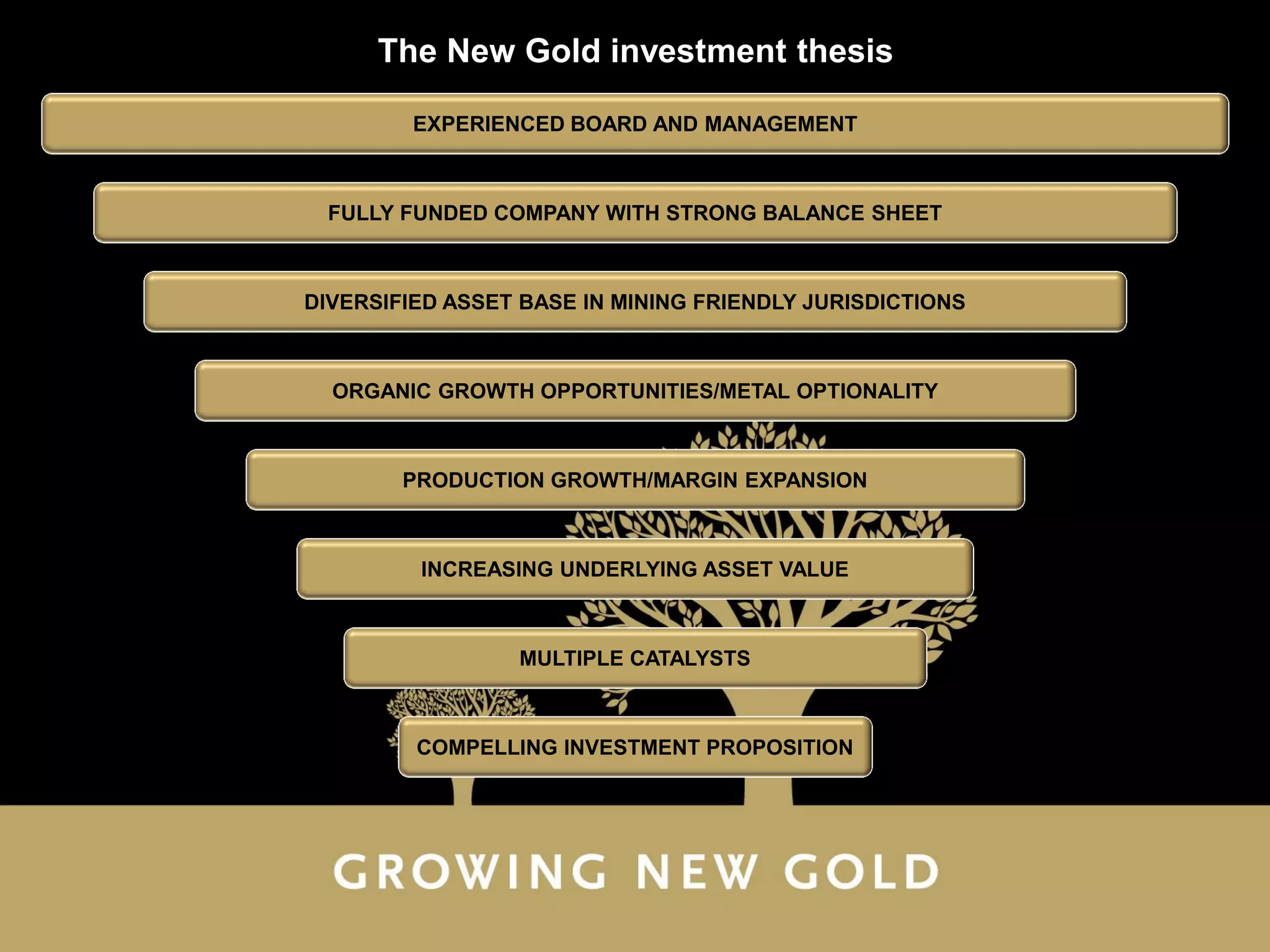 The New Gold investment thesis

         EXPERIENCED BOARD AND MANAGEMENT



 FULLY FUNDED COMPANY WITH STRONG BALANCE SHEET



DIVERSIFIED ASSET BASE IN MINING FRIENDLY JURISDICTIONS



  ORGANIC GROWTH OPPORTUNITIES/METAL OPTIONALITY



        PRODUCTION GROWTH/MARGIN EXPANSION



         INCREASING UNDERLYING ASSET VALUE



                 MULTIPLE CATALYSTS



         COMPELLING INVESTMENT PROPOSITION




                                                   TD Securities Mining Conference | January 29-30, 2013   19 19
 