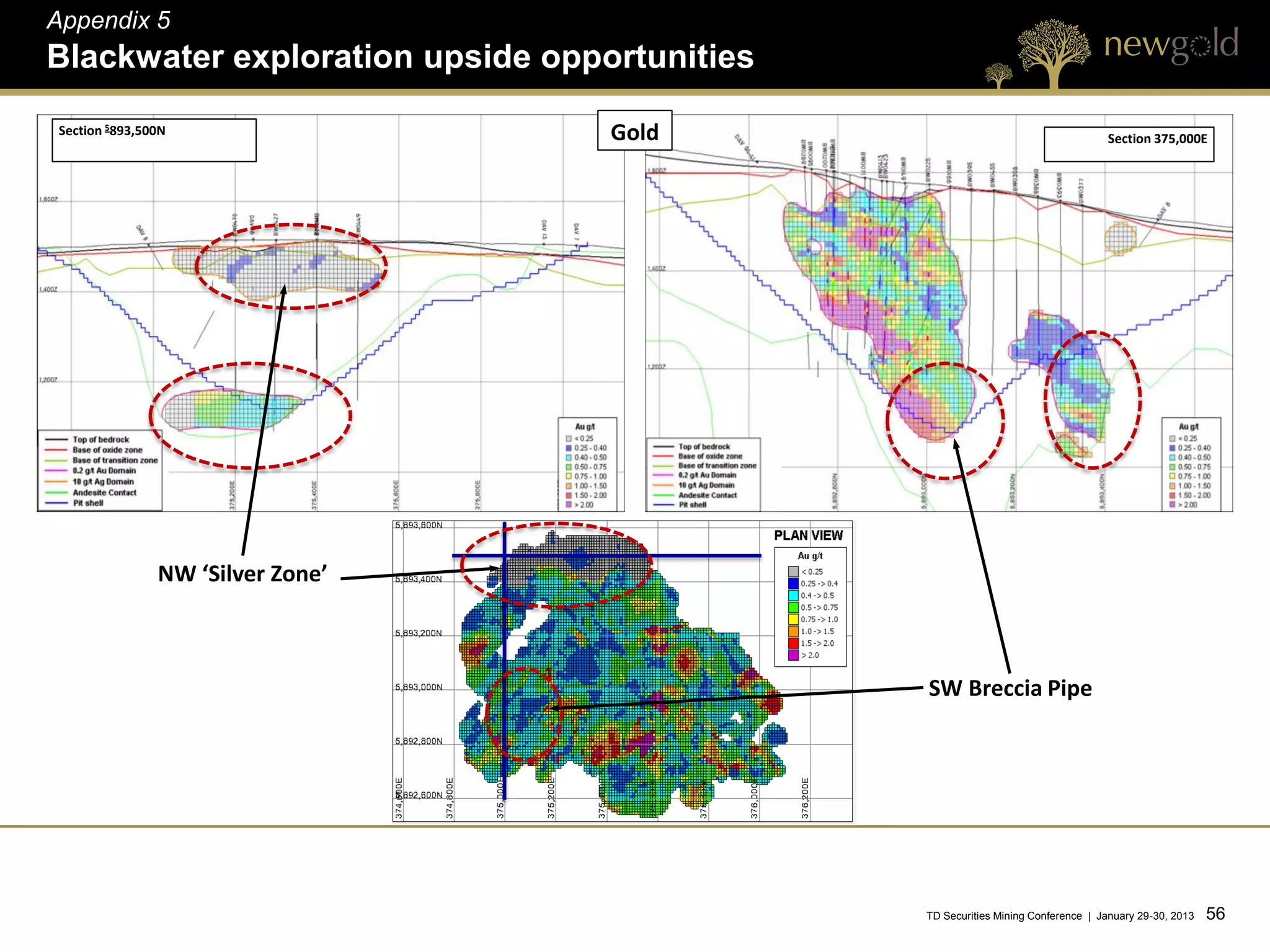 Appendix 5
Blackwater exploration upside opportunities

Section 5893,500N                 Gold                                           Section 375,000E




               NW ‘Silver Zone’



                                              SW Breccia Pipe




                                              TD Securities Mining Conference | January 29-30, 2013   56 56
 