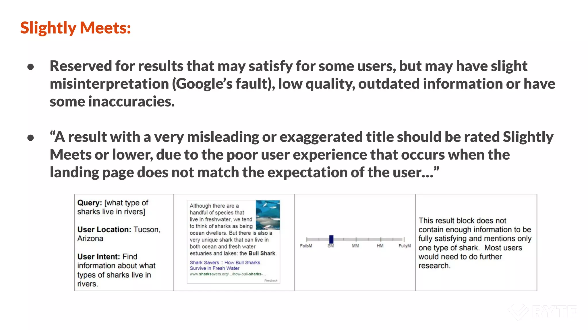 Slightly Meets:
● Reserved for results that may satisfy for some users, but may have slight
misinterpretation (Google’s fault), low quality, outdated information or have
some inaccuracies.
● “A result with a very misleading or exaggerated title should be rated Slightly
Meets or lower, due to the poor user experience that occurs when the
landing page does not match the expectation of the user…”
 