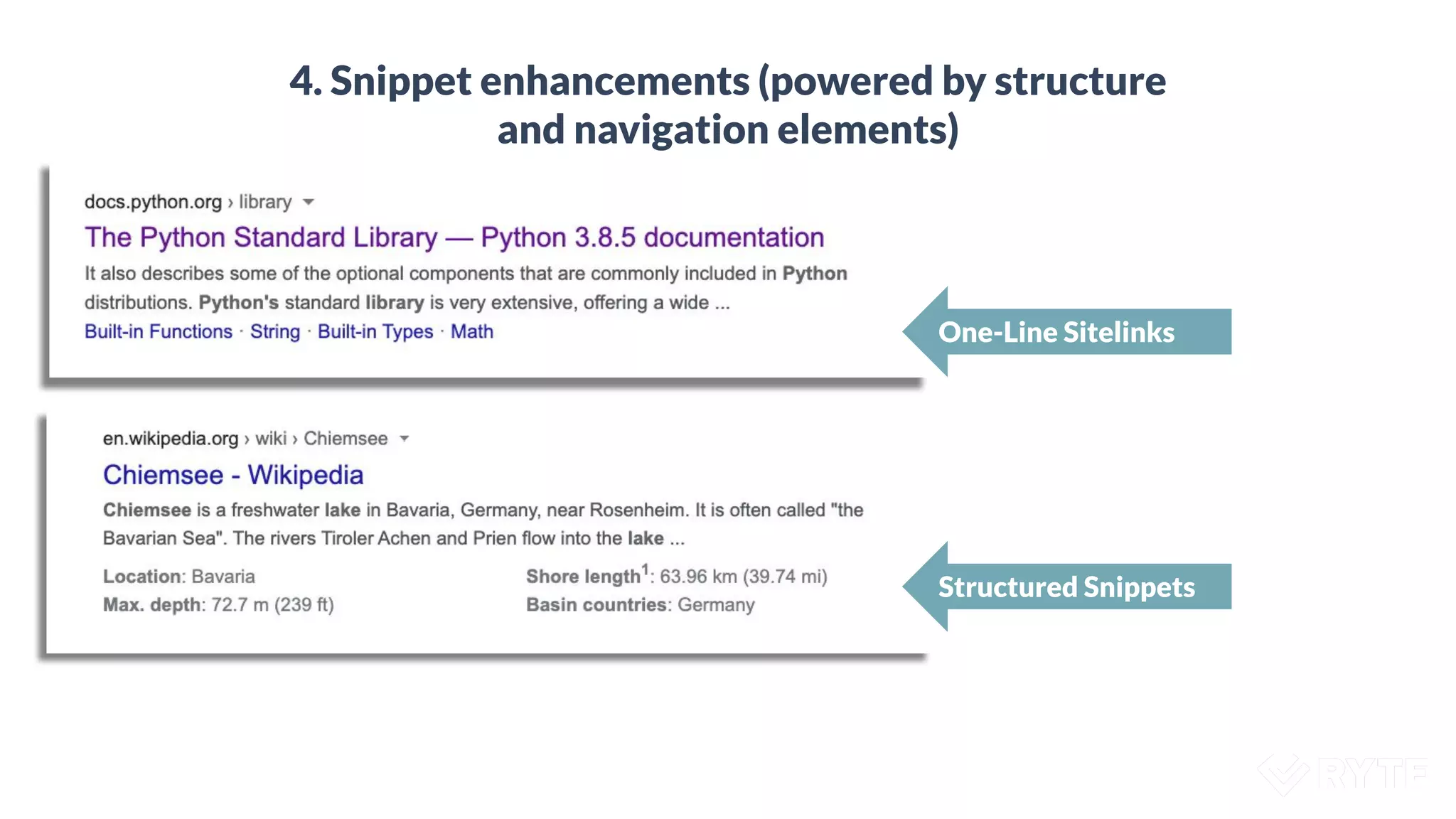 4. Snippet enhancements (powered by structure
and navigation elements)
One-Line Sitelinks
Structured Snippets
 