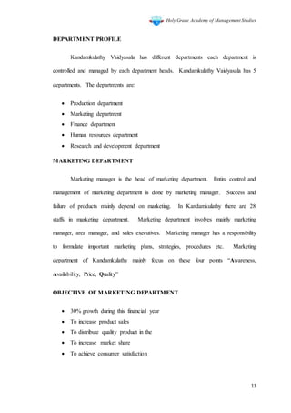 Holy Grace Academy of Management Studies
13
DEPARTMENT PROFILE
Kandamkulathy Vaidyasala has different departments each department is
controlled and managed by each department heads. Kandamkulathy Vaidyasala has 5
departments. The departments are:
 Production department
 Marketing department
 Finance department
 Human resources department
 Research and development department
MARKETING DEPARTMENT
Marketing manager is the head of marketing department. Entire control and
management of marketing department is done by marketing manager. Success and
failure of products mainly depend on marketing. In Kandamkulathy there are 28
staffs in marketing department. Marketing department involves mainly marketing
manager, area manager, and sales executives. Marketing manager has a responsibility
to formulate important marketing plans, strategies, procedures etc. Marketing
department of Kandamkulathy mainly focus on these four points “Awareness,
Availability, Price, Quality”
OBJECTIVE OF MARKETING DEPARTMENT
 30% growth during this financial year
 To increase product sales
 To distribute quality product in the
 To increase market share
 To achieve consumer satisfaction
 