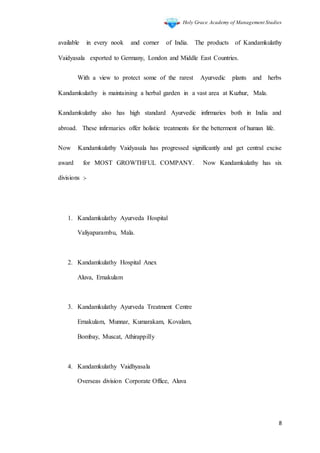 Holy Grace Academy of Management Studies
8
available in every nook and corner of India. The products of Kandamkulathy
Vaidyasala exported to Germany, London and Middle East Countries.
With a view to protect some of the rarest Ayurvedic plants and herbs
Kandamkulathy is maintaining a herbal garden in a vast area at Kuzhur, Mala.
Kandamkulathy also has high standard Ayurvedic infirmaries both in India and
abroad. These infirmaries offer holistic treatments for the betterment of human life.
Now Kandamkulathy Vaidyasala has progressed significantly and get central excise
award for MOST GROWTHFUL COMPANY. Now Kandamkulathy has six
divisions :-
1. Kandamkulathy Ayurveda Hospital
Valiyaparambu, Mala.
2. Kandamkulathy Hospital Anex
Aluva, Ernakulam
3. Kandamkulathy Ayurveda Treatment Centre
Ernakulam, Munnar, Kumarakam, Kovalam,
Bombay, Muscat, Athirappilly
4. Kandamkulathy Vaidhyasala
Overseas division Corporate Office, Aluva
 