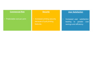 Commercial Risk                    Security                    User Satisfaction


• Predictable cost per print   • Increased printing security   •   Increased user satisfaction
                                 because of pull printing          leading to greater cost
                                 features.                         savings and efficiency
 