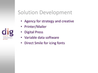 Solution DevelopmentAgency for strategy and creativePrinter/MailerDigital PressVariable data softwareDirect Smile for icing fonts