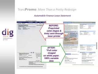 TransPromo: More Than a Pretty RedesignAutomobile Finance Lease Statement)BEFORE: Preprinted color (logos & tints) sent through laser printerAFTER: “Full color imaged on white paper. 100% variabledata