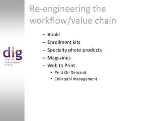 Re-engineering the workflow/value chainBooksEnrollment kitsSpecialty photo productsMagazinesWeb to PrintPrint On DemandCollateral management