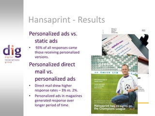 Hansaprint - ResultsPersonalized ads vs. static ads 93% of all responses came those receiving personalized versions.Personalized direct mail vs. personalized adsDirect mail drew higher response rates – 3% vs. 2%.Personalized ads in magazines generated response over longer period of time. 