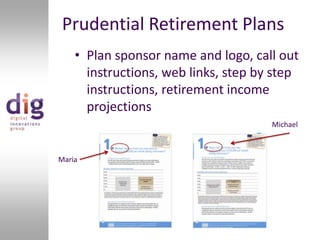 Prudential Retirement PlansPlan sponsor name and logo, call out instructions, web links, step by step instructions, retirement income projections MichaelMaria