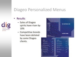 ResultsSales of Diageo spirits have risen by 10%Competitive brands have been delisted by some Diageo clients.Diageo Personalized Menus