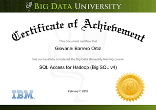 Giovanni Barrero Ortiz
SQL Access for Hadoop (Big SQL v4)
February 7, 2016
 