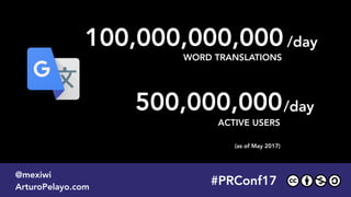 #PLATOONMX
@mexiwi
ArturoPelayo.com
#PRConf17
@mexiwi
ArturoPelayo.com
100,000,000,000
WORD TRANSLATIONS
(as of May 2017)
/day
500,000,000/day
ACTIVE USERS
 