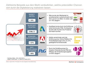 Seite 5 | April 2014 | Prinzipien für Ihren digitalen Geschäftserfolg!
Zahlreiche Beispiele aus dem Markt verdeutlichen, welche potenziellen Chancen
sich durch die Digitalisierung realisieren lassen.
• Adobe verzeichnete nach der
Einführung einer Online-Plattform für
Produktbewertungen eine um 21%
gesteigerte Konversionsrate.
• Durch die Schaffung eines Co-
Creation Channels konnte P&G die
Effizienz der Entwicklungsausgaben
um 60% steigern2.
KONVER-
SATIONSRATE
+ 21%
ENT-
WICKLUNGS-
EFFIZIENZ
+ 60%
• Nike konnte den Marktanteil im
amerikanischen Laufschuhmarkt nach
dem Launch von Nike+ im ersten Jahr
um 10% steigern1.
MARKT-
ANTEIL
+ 10%
• AutoDesk konnte durch die Einführung
einer Community 6 Mio. $ einsparen,
da 53% aller Kunden ihre Probleme
dort lösen konnten.
SUPPORT-
KOSTEN
- 6 Mio. $
1 The Story of Nike+ - PwC / ECCP (2011)
2 Digitale Transformation – B. Steimel, M. Baudis (2013)
 