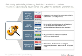 Seite 6 | April 2014 | Prinzipien für Ihren digitalen Geschäftserfolg!
Gleichzeitig stellt die Digitalisierung durch Produktsubstitution und der
dynamischen Entwicklung neuer Trends eine Gefahr für zahlreiche Branchen dar.
• Physischer Handel wird zunehmend durch
den Online-Handel bedroht.
• Unternehmen, die den Anschluss an digitale
Innovationen verpassen, fallen hinter der Konkurrenz
zurück.
HANDELS-
BRANCHE
TECHNOLGIE-
BRANCHE
 Digitalisierung der Medien führt zu Umsatzrückgang
in der Medien- und Verlagsbranche.
MEDIEN-
UND
VERLAGS-
BRANCHE
• Zunehmende Verschlechterung der Auftragslage in
der Druckindustrie, bedingt durch einen
Auflagenrückgang bei Zeitungen und Katalogen.
DRUCK-
BRANCHE
 