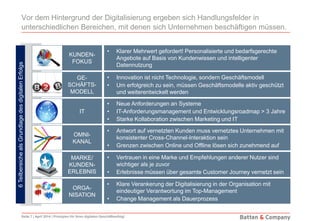 Seite 7 | April 2014 | Prinzipien für Ihren digitalen Geschäftserfolg!
Vor dem Hintergrund der Digitalisierung ergeben sich Handlungsfelder in
unterschiedlichen Bereichen, mit denen sich Unternehmen beschäftigen müssen.
• Klarer Mehrwert gefordert! Personalisierte und bedarfsgerechte
Angebote auf Basis von Kundenwissen und intelligenter
Datennutzung
• Innovation ist nicht Technologie, sondern Geschäftsmodell
• Um erfolgreich zu sein, müssen Geschäftsmodelle aktiv geschützt
und weiterentwickelt werden
• Neue Anforderungen an Systeme
• IT-Anforderungsmanagement und Entwicklungsroadmap > 3 Jahre
• Starke Kollaboration zwischen Marketing und IT
• Antwort auf vernetzten Kunden muss vernetztes Unternehmen mit
konsistenter Cross-Channel-Interaktion sein
• Grenzen zwischen Online und Offline lösen sich zunehmend auf
• Vertrauen in eine Marke und Empfehlungen anderer Nutzer sind
wichtiger als je zuvor
• Erlebnisse müssen über gesamte Customer Journey vernetzt sein
• Klare Verankerung der Digitalisierung in der Organisation mit
eindeutiger Verantwortung im Top-Management
• Change Management als Dauerprozess
KUNDEN-
FOKUS
GE-
SCHÄFTS-
MODELL
IT
OMNI-
KANAL
MARKE/
KUNDEN-
ERLEBNIS
ORGA-
NISATION
6TeilbereichealsGrundlagedesdigitalenErfolgs
 