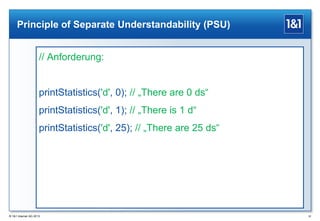 Principle of Separate Understandability (PSU)

// Anforderung:
printStatistics('d', 0); // „There are 0 ds“

printStatistics('d', 1); // „There is 1 d“
printStatistics('d', 25); // „There are 25 ds“

® 1&1 Internet AG 2013

32

 