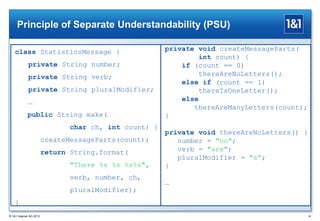 Principle of Separate Understandability (PSU)
class StatisticsMessage {
private String number;
private String verb;
private String pluralModifier;
…
public String make(
char ch, int count) {
createMessageParts(count);
return String.format(
"There %s %s %s%s",
verb, number, ch,

private void createMessageParts(
int count) {
if (count == 0)
thereAreNoLetters();
else if (count == 1)
thereIsOneLetter();
else
thereAreManyLetters(count);
}
private void thereAreNoLetters() {
number = "no";
verb = "are";
pluralModifier = "s";
}
…

pluralModifier);
}
® 1&1 Internet AG 2013

34

 