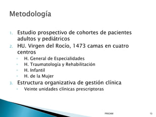 1. Estudio prospectivo de cohortes de pacientes
adultos y pediátricos
2. HU. Virgen del Rocío, 1473 camas en cuatro
centros
◦ H. General de Especialidades
◦ H. Traumatología y Rehabilitación
◦ H. Infantil
◦ H. de la Mujer
3. Estructura organizativa de gestión clínica
◦ Veinte unidades clínicas prescriptoras
PRIOAM 13
 