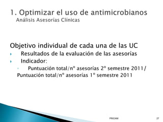 Objetivo individual de cada una de las UC
 Resultados de la evaluación de las asesorías
 Indicador:
◦ Puntuación total/nº asesorías 2º semestre 2011/
Puntuación total/nº asesorías 1º semestre 2011
PRIOAM 27
 