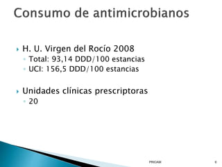  H. U. Virgen del Rocío 2008
◦ Total: 93,14 DDD/100 estancias
◦ UCI: 156,5 DDD/100 estancias
 Unidades clínicas prescriptoras
◦ 20
PRIOAM 6
 