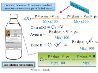 P × ρ(éch) ×V(éch) P× d(éch) × V(éch)× ρ0
n(X) = =
M(x).100 M(x).100
une solution commerciale
On a n(X) = C0 ×V
P× d(éch) × V × ρ0
Avec n =
M(x).100
Donc n = C0 ×V =
M(x).100
P× d(éch) × V× ρ0
C0 = =
M(x).100
P× d(éch) × ρ0
Comment déterminer la concentration d'une
solution commerciale à partir de l'étiquette
M(x)
P×d(éch) ×10
Avec : ρ0 = 1000g/L
 